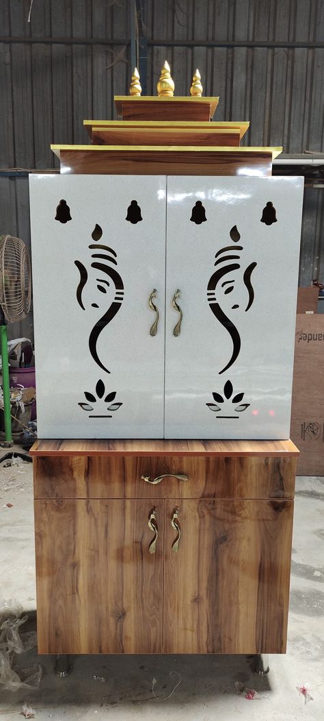 Glossy dual tone with carving design Pooja cabinet Pooja Room Pvc Door Design, Pooja Cupboard Door Design, Pooja Mandir Cabinet, Puja Cupboard Design, Puja Room Cnc Design, God Cupboard Design, Cnc Temple Design, Cnc Pooja Door Design Modern, Pooja Room Cupboard Designs