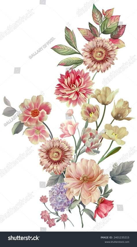 Multicolored Beautiful Antique Flower Bunch Stock Illustration 2401235215 | Shutterstock Sequence Design, Mughal Flower, Flowers Bunch, Suit Dupatta, Paisley Border, Hd Flowers, Colour Flowers, Botanical Flower Art, Flower Bunch