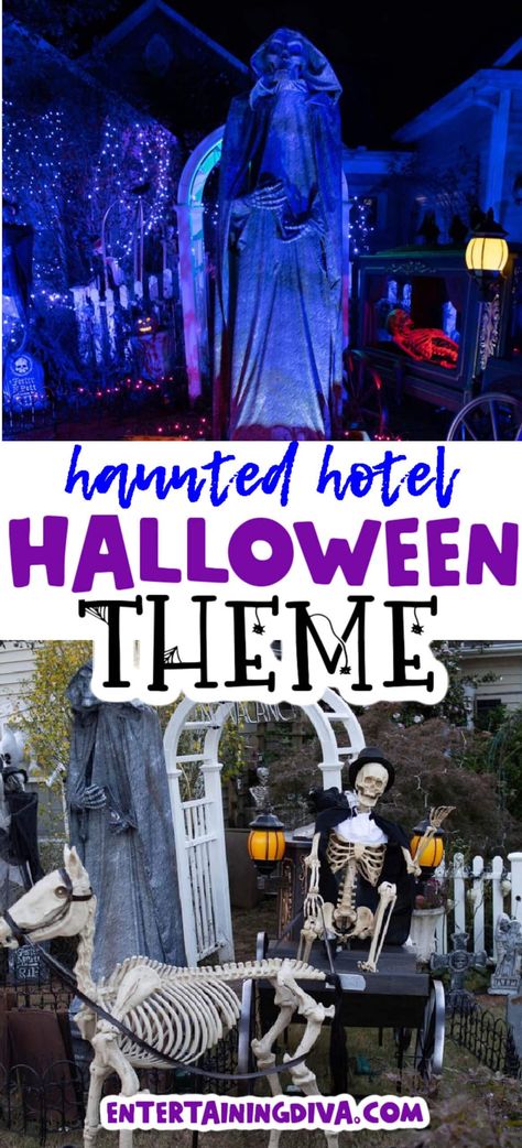 Haunted Hotel Halloween Theme Halloween Yard Haunt, Hotel Theme, Halloween Lighting, Halloween Diy Outdoor, Yard Haunt, Diy Halloween Decor, Haunted Hotel, Diy Halloween Projects, Halloween Yard Decorations