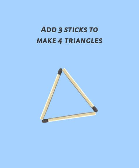 Add 3 matchsticks to make 4 triangles - lateral thinking stick puzzle | SureSolv Stick Puzzle, Cube Solve Trick, Whats The Triangle Trick, Match Stick Puzzles, Matchstick Puzzles With Answers, What’s The Triangle Trick, Math Puzzles Brain Teasers For Kids, Lateral Thinking Puzzles, Lateral Thinking