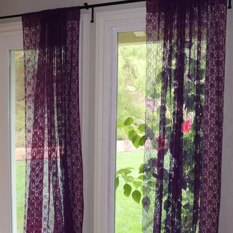 PRICES MAY VARY. Material: Sheer Polyester Lace Floral Pattern Lace Curtain 1 Panel Light Weight Curtain Home Window Décor Large 4 Inch Pocket for Easy Rod Insert Made by lovemyfabric in USA, Material imported. Lovemyfabric sheer lace curtains are a beautiful choice to decorate your window. These drapes also make a perfect choice for backdrops at weddings, trade shows, birthday parties, photo booths, showrooms, theaters, or anywhere you desire to add a touch of class. Purple Curtains Bedroom, Purple Window Curtains, Lace Bedroom, Purple Curtains, Green Apartment, Lace Window, Crystal Room, Purple Rooms, Photo Booths