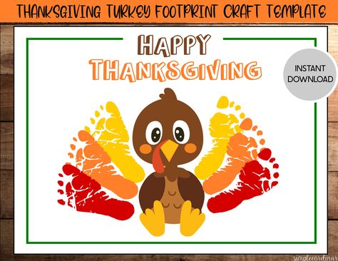 "It's that time of year - Thanksgiving! Create a fun and heartwarming keepsake with your child and send a meaningful personal greeting card or gift to the family this fall/Thanksgiving with this Happy Thanksgiving printable template. Personalize the Happy Thanksgiving printable by printing then stamping your child's hand or footprints onto the printable with non-toxic, washable paint or ink. You can also let your child get creative with paints, crayons, and markers and use the printable as a drawing prompt! Handwrite names and dates for an extra personal touch. This is great for: - Framing and decorating your child's room or house. - A keepsake for your baby book. - Mailing or giving a creative greeting card/gift to family. - Using as the perfect daycare/preschool craft to send home. The p Handprint Turkey, Turkey Handprint Craft, Thanksgiving Poems, Printable Craft Templates, Thanksgiving Crafts Preschool, Turkey Handprint, Crafts Printable, Happy Thanksgiving Turkey, Footprint Craft