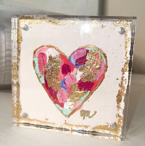 Confetti heart art painted  on textured deckled edge paper and framed in a 4x4 magnetic acrylic block frame. Lovely accent for a bookshelf or side table. No returns or exchanges on original art *Please note that this is made to order and will need 1-2 weeks prior to shipping.  Please follow me on Instagram at oliviamanningart. Gold Heart Painting, Acrylic Frame Art, Christian Painting Ideas, Heart Art Painting, Confetti Art, Acrylic Items, Cross Painting, Heart Art Projects, Tiny Paintings