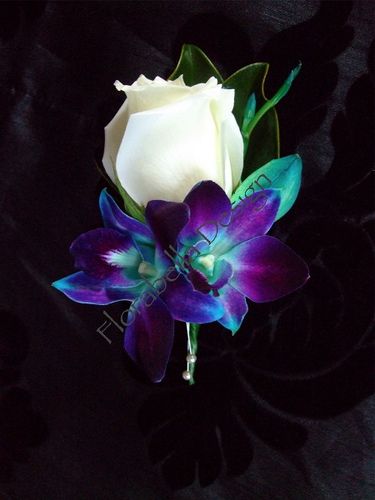 By The Water Wedding Ideas, Galaxy Flower Arrangement, Grooms Flower, Orchid Boutonniere, Brand Moodboard, Stars Wedding, Galaxy Wedding, Prom Corsage, Peacock Theme