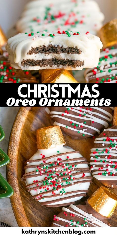 Oreo Ornament Cookies (Easy & No-Bake Recipe) Oreo Cookies Dipped Christmas, Christmas Oreo Ornaments, Oreo Cookie Santas, Oreo Dipped Cookies, Oreo Ornament Cookies, Christmas Oreo Cookies, Christmas Treats No Bake, Holiday Oreos, Oreo Christmas Cookies