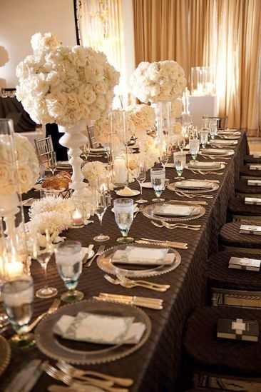 Chocolate and cream tables. Ivory Wedding Decorations, Brown Wedding Decor, Chocolate Brown Wedding, Brown Wedding Themes, Candle Table Centerpieces, Wedding Hall Decorations, Tan Wedding, White Wedding Theme, Wedding Table Flowers