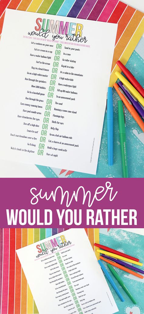 Summer Would You Rather For Kids, Summer Camp Printables Free, Summer Would You Rather, Summer Camp Get To Know You Activities, Summer Break Ideas, Water Play For Kids, Sky Ranch, Would You Rather Game, Break Ideas