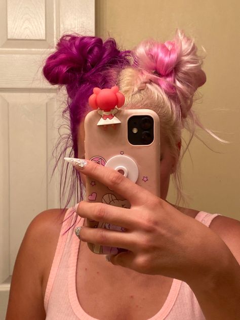 Half Blonde Half Purple Hair Split, Split Hair Updo, Split Dye Updo, Split Dyed Hairstyles, Space Bums Short Hair, Split Hair Styles, Colorful Split Dye, Cute Split Dyed Hair, Cool Split Hair Dye Ideas