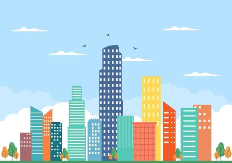 Modern City Landscape Buildings and Architecture Real Estate Silhouette Vector Background Illustration in Line Simple Geometric Flat Style Buildings Illustration Simple, Background Building Drawing, Microsoft Paint, Simple Building, Building Images, City Vector, Building Illustration, City Background, City Kid