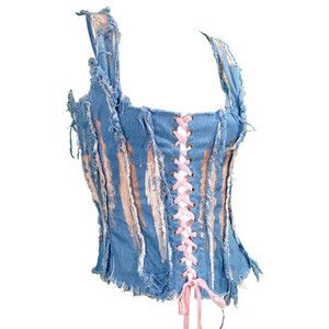 Sass Bide Sass Bide Distressed Blue Denim Bustierre Corset Tops available at Designer Exposure Upcycled Denim Fashion, Shirt Corset, Ripped Shirt, Ripped Shirts, Denim Corset Top, Sass Bide, Top Corset, Corset Shirt, Blue Corset