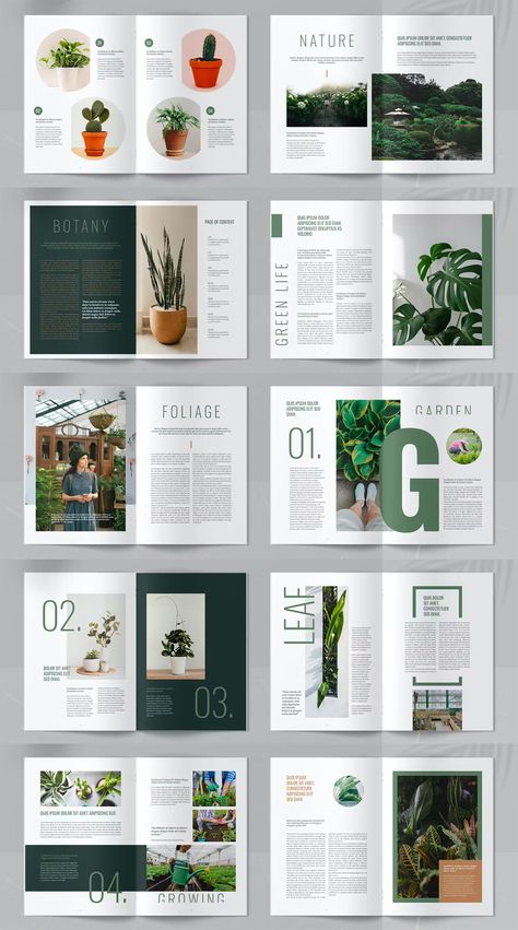 Botanic Magazine Template InDesign. 24 custom pages document. Size: A4 & US Letter. Digital Document Design, Booklet Layout Design Inspiration, Article Layout Magazine, Magazine Layouts Designs, Magazine Layout Indesign, Indesign Layout Ideas, Indesign Document Layout, Green Magazine Layout, Nature Magazine Design