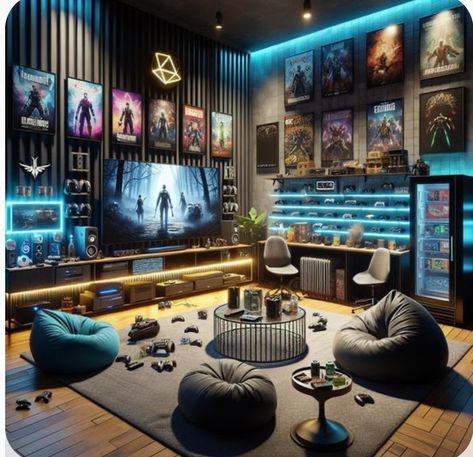 Gaming Cave Ideas, Bean Bag Game Room, Gaming Room Man Cave, Man Cave Guest Room Combo, Men’s Game Room, Console Gaming Room, Adult Gaming Room, Game Room Ideas Videogames, Tv Gaming Setup