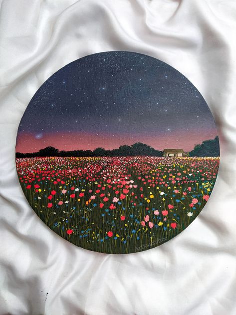 Things To Paint On Circle Canvas, Painting On Circle Canvas, Circle Canvas Painting Ideas, Circle Canvas Painting, Circle Paintings, Circular Canvas Painting, Cherry Blossom Painting Acrylic, Easy Acrylic Painting Ideas, Tulip Garden