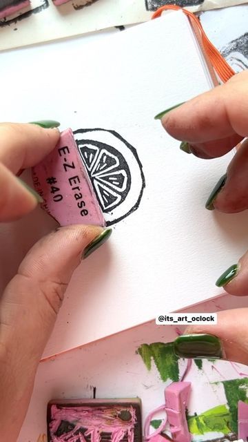 Rubber Eraser Stamps, Pink Eraser Art, Eraser Carving Handmade Stamps, Eraser Stamp Carving, How To Make Stamps, Linocut Eraser, Pink Eraser Stamp, Print Making Designs Easy, Eraser Printmaking