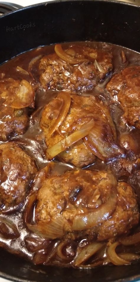 Hamburger Steak In Oven, Hamburger Steak Recipes, Hamburger Steak And Gravy, Hamburger Steaks, Juicy Hamburgers, Steak And Onions, Beef Soup Recipes, Gravy Ingredients, Soup With Ground Beef