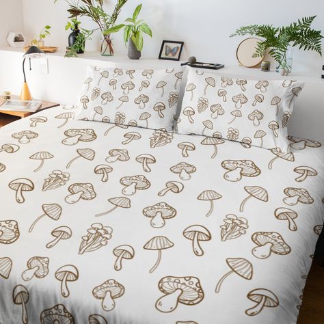 "Our collection of Mushroom Bedding, Mushroom Blanket, Mushroom Decor, Cottagecore Bedding, Mushroom Lovers Gift, and Botanical Bedding is the perfect way to bring a touch of nature and a whimsical, cottage-style look to your bedroom. Our Mushroom Duvet Cover Sets feature a vibrant design of brown mushrooms on a white background, creating a cozy and inviting atmosphere that is perfect for any nature-inspired home. The bold, vivid colors in this set will add a cheerful and cheerful pop of color t Mushroom Bedsheet, Mushroom Themed Bedroom Ideas, Mushroom Bed Sheets, Mushroom Theme Bedroom, Mushroom Bedspread, Mushroom Themed Bedroom, Mushroom Bedroom Aesthetic, Mushroom Bedroom Ideas, Mushroom Aesthetic Room