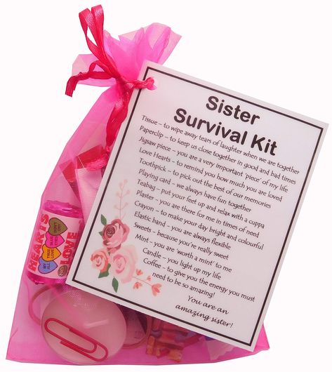 Sister Survival Kit in Pink Organza bag filled with items with sentimental meanings. : Amazon.co.uk: Stationery & Office Supplies Sister Survival Kit, Pink Gift Basket, Birthday Survival Kit, Anniversary 50th, Gifts Sister, Second Anniversary Gift, Survival Kit Gifts, Smile Gift, Gifts Couple