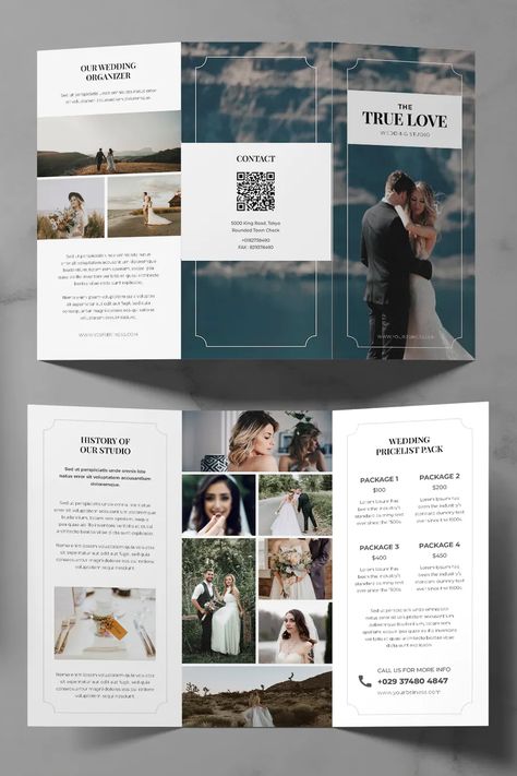 Event Project Plan Template, Events Brochure Design, Wedding Brochure Design Layout, Wedding Brochure Design, Wedding Trifold, Tri Fold Brochure Design, Brochure Layout Design, Church Brochures, Magazine Page Layouts