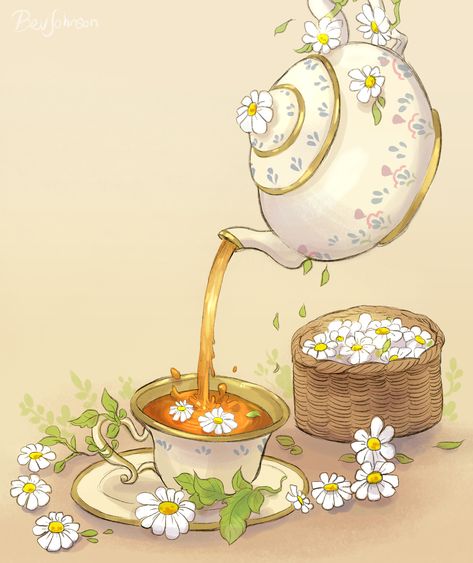 Tea Cup Art, Tea Illustration, 귀여운 음식 그림, Cute Food Drawings, Cute Food Art, Cup Art, Chamomile Tea, Tea Art, Food Drawing