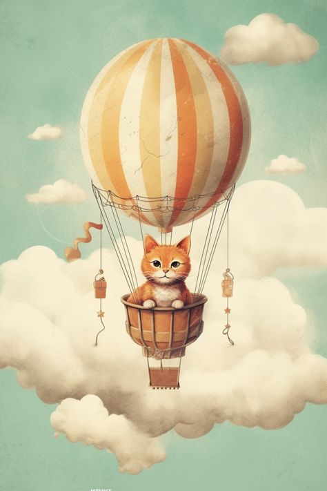 Hot Air Balloon Illustration, Hot Air Balloon Cartoon, Whimsical Hot Air Balloon, Hot Air Balloons Art, Air Ballons, Ethereal Essence, Diffused Lighting, Balloon Nursery, Cats Stuff