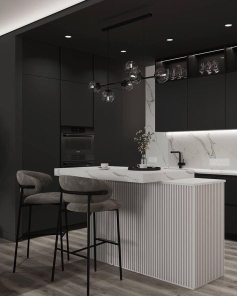 Modern Classic Interior, Home Bar Designs, Flat Interior, Kitchen Designs Layout, Apartment Style, Architecture Visualization, Classic Interior, Black Kitchens, Autodesk 3ds Max