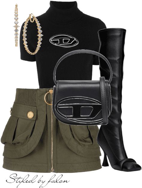 Diesel Dress Outfit, Diesel Outfit Ideas, Disel Outfit Girl, Y2k Sporty Outfits, Diesel Outfits, Diesel Clothes, Diesel Outfit, Balmain Skirt, Diesel Top