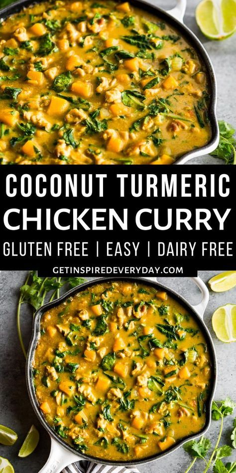 This Turmeric Chicken Coconut Curry isn't spicy but full of flavor from some simple Indian inspired spices. It's super easy to make, gluten free, dairy free, and packed with veggies and protein. Try it with steamed rice or with cauliflower rice. Chicken Recipes With Butternut Squash, Chicken Tumeric Stew, Butternut Squash Chicken Curry, Turmeric Chicken Stew, Turmeric Recipes Dinners, Anti Inflammation Curry, Coconut Turmeric Chicken, Tumeric Chicken Recipe, Tumeric Chicken Recipes Healthy