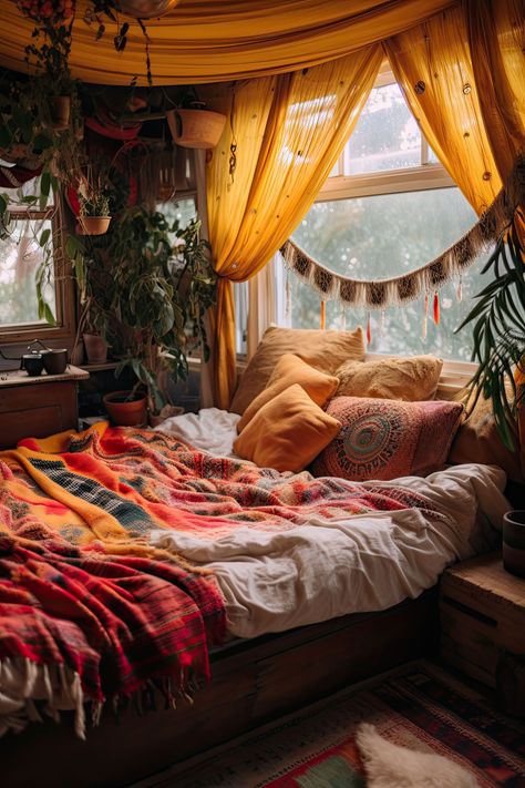 Boho Bedroom Window, Cozy Quirky Bedroom, Spiritual Boho Bedroom, Bohemian Maximalist Bedroom, Comfy Maximalist Bedroom, Indie Boho Bedroom, Natural Life Bedroom Ideas, Cozy Maximalism Small Bedroom, Boho Bedroom Maximalist