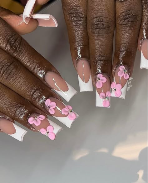 Valentines Nails With Flowers, Long Square Acrylic Nails 3d Flowers, Jamaica Nails, Extra Nails, 3d Nail Designs, 3d Flower Nails, Medium Nails, Duck Nails, Valentine Nails