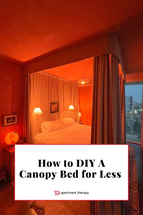 Create a DIY own canopy bed without buying a bulky bed frame using this smart, budget-friendly curtain mounting trick. Apartment Friendly Canopy Bed, Curtains For Canopy Bed, Platform Bed With Canopy, Diy Bed Canopy Curtains, Easy Bed Canopy Diy, Sloped Ceiling Canopy Bed, Diy Canopy Tent Bedroom, Curtain Rod Bed Canopy, Diy Ceiling Canopy Bed