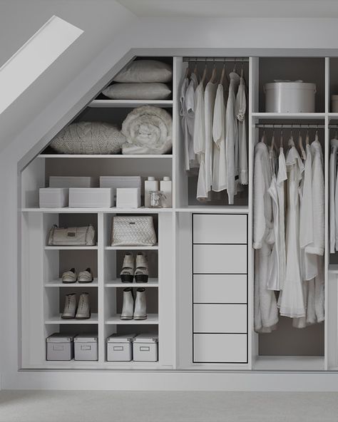 Pitched Roof Wardrobe, Loft Closet Ideas Slanted Walls, Wardrobe In Attic Space, Mansard Wardrobe, Walk In Wardrobe Slanted Roof, Wardrobe Roof Sloping, Attic Bedroom Closets, Attic Closet Ideas, Attic Bedroom Storage