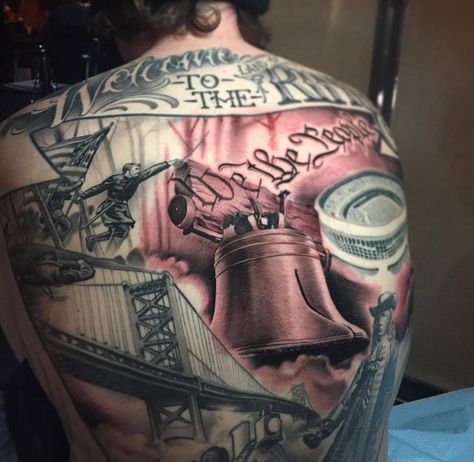 Pennsylvania Themed Back Tattoo Bell Tattoo, Belle Tattoo, Japanese Back Tattoo, Liberty Tattoo, Small Back Tattoos, Cool Back Tattoos, Patriotic Tattoos, Back Of Shoulder Tattoo, Military Tattoos