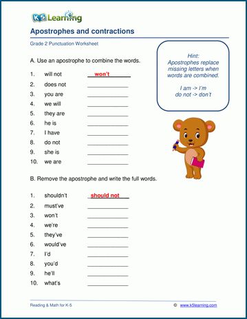 Grade 2 Punctuation Worksheets | K5 Learning English Worksheets For Grade 2 Student, Apostrophe Worksheets Grade 2, Punctuation Worksheets 2nd Grade, K5 Learning Worksheets, Contractions Worksheet, Worksheets For Grade 2, Worksheet For Class 2, Preschool Poems, Punctuation Worksheets