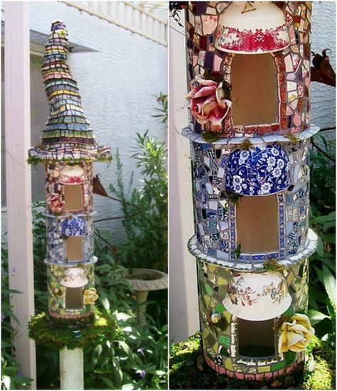 Mosaic Fairy House, Broken China Crafts, Broken Glass Crafts, Mosaic Tiles Crafts, Mosaic Art Diy, Repurposing Ideas, China Crafts, Mosaic Art Projects, Tile Crafts