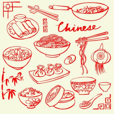 Chinese Food Doodle, Chinese Food Tattoo, Chinese Food Drawing, Chinese Food Art, Chinese Food Illustration, Korean Drinks, Japanese Food Illustration, Food Illustration Design, Food Tattoos