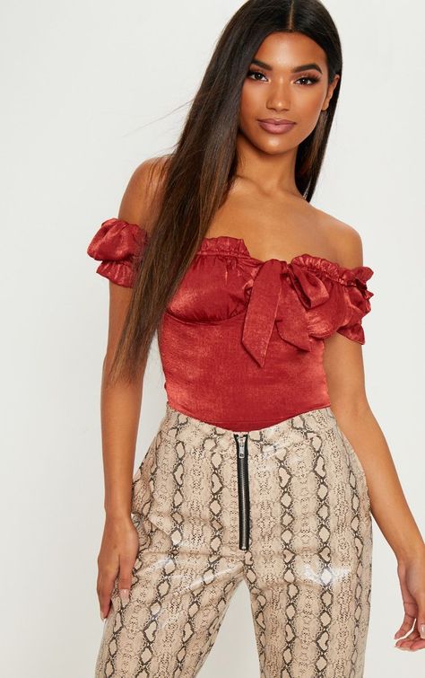 Rust Woven Frill Bardot Crop TopGet that feminine look this weekend with this crop top. Featuring... Bardot Bodycon Dress, Lace Up Bodycon Dress, Cold Shoulder Crop Top, Bardot Crop Top, Cold Shoulder Tops, Off The Shoulder Tops, Floral Corset, Black Bandeau, Bardot Dress