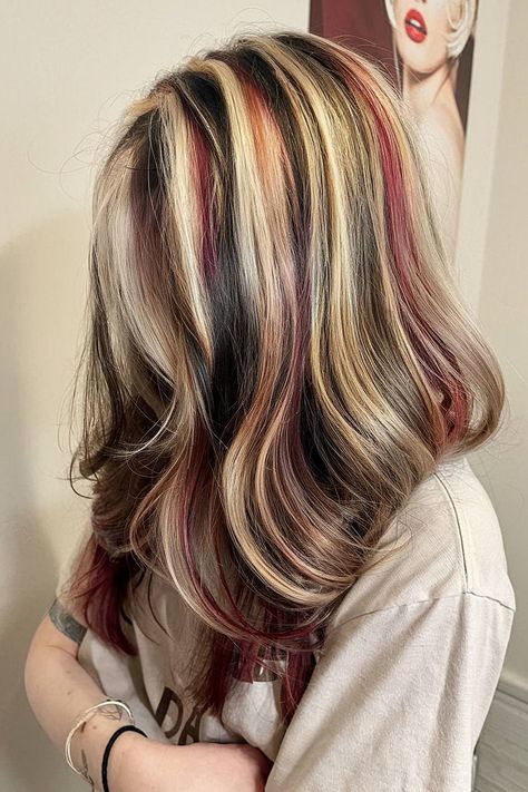 Faded calico hair color with soft blonde, orange, and black tones for a subtle look Edge Hair Color, Calico Hair Streaks, Calico Hair On Blonde, Calico Streaks, Light Calico Hair, Blonde Calico Hair, Neopolitan Hair Highlights, Hair Dye Ideas For Blondes, Subtle Calico Hair