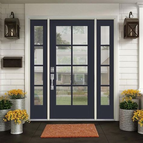 Masonite 64-in x 80-in Fiberglass Full Lite Right-Hand Inswing Eclipse Painted Prehung Single Front Door with Sidelights Brickmould Included in the Front Doors department at Lowes.com Full Glass Exterior Door, Full Glass Front Door, Single Front Door With Sidelights, French Doors With Sidelights, Brick House Exterior Makeover, Exterior Doors With Sidelights, Front Door With Sidelights, Painted Exterior Doors, Single French Door