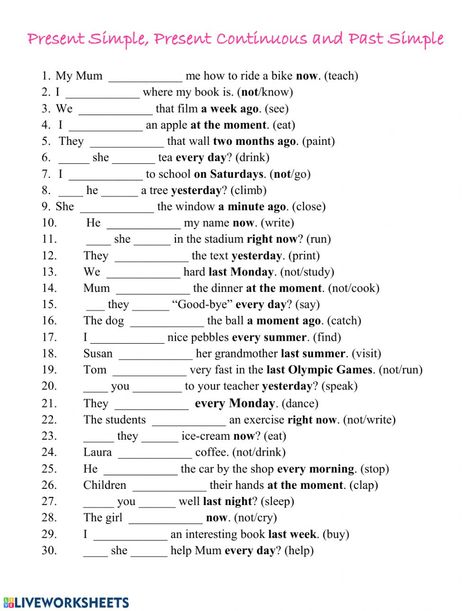 Present Simple And Past Simple Worksheet, Simple Present Worksheet, Past Simple Worksheets, Present Past Tense, Present Simple Present Continuous, Present Continuous Worksheet, Esl Elementary, Past Tense Worksheet, English Conversation For Kids