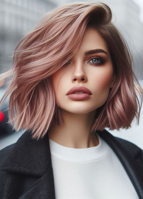 Pink hair for everyone! A side-swept lob is a versatile cut that can be rocked with any shade of pink. #pinkhairstyle #pocoko #shorthairstyles #hairinspiration Smoky Pink Hair Color, Ash Pink Hair Color, Short Hair With Pink Money Piece, Pink Hair With Light Pink Money Piece, Blonde Pink Short Hair, Smokey Pink Hair, Professional Pink Hair, Pink Bob Balayage, Rose Blonde Hair