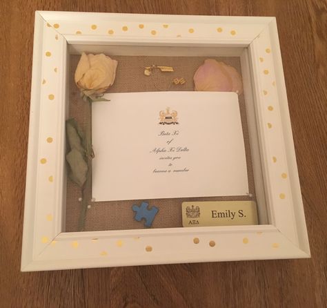 Sorority Shadow Box Ideas, Sorority Table Display, Sorority Pin Box, Sorority Picture Frames, Sorority Paintings, Sorority Initiation, Alpha Epsilon Phi, Sorority Bid Day, Pin Box