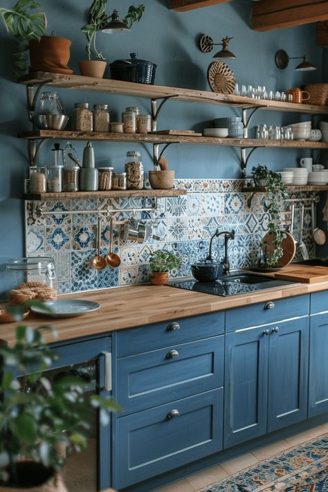 29 Blue Boho Interior Ideas: Infuse Your Space with Tranquil and Artistic Vibes Blue Wall Kitchen, Kitchen Navy Blue, Kitchen Navy, Cottage Core Living Room, Cottage Core Home, Boho Kitchen Ideas, Boho Kitchens, Quirky Kitchen, Bamboo Bar