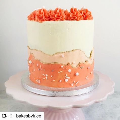 Loving the coral explosion on this “fault line” cake by @bakesbyluce!💥 💥 . . Follow @bakesbyluce for more cake inspiration! . .… Silhouette Cakes, Faultline Cake, Coral Cake, Fault Line Cake, Creamy Cake, Buttercream Decorating, Wilton Cake Decorating, Dream Cake, Just Cakes