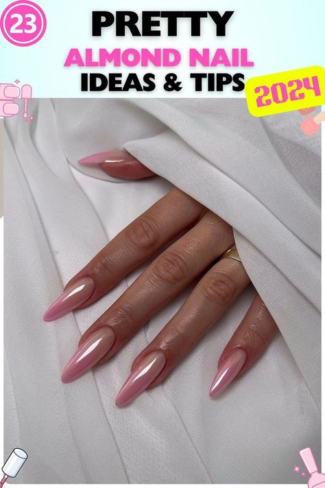 Elegant almond nails with a soft pink ombre, offering a timeless and feminine look. These pretty almond nails are ideal for weddings, special occasions, or anytime you want a classic, polished appearance. Pretty Almond Nails, Almond Nail Design Ideas, Elegant Almond Nails, Short Stiletto Nails, Stiletto Nails Short, Short Stiletto, Small Nails, Short Almond Nails, Graduation Nails