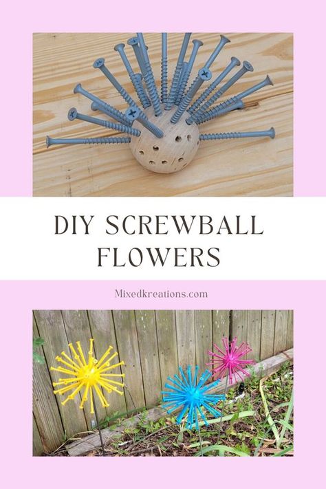 How to make some unique flowers for the yard out of a wooden ball and screws. Flowers Made Out Of Golf Balls And Screws, Screw Ball Flowers, Garden Flowers Made From Screws, Golf Ball Garden Art, Diy Screwball Flowers, Unique Garden Art Diy Crafts, Golf Ball Screw Flowers, Flowers Made From Golf Balls And Screws, Flowers Made Out Of Screws