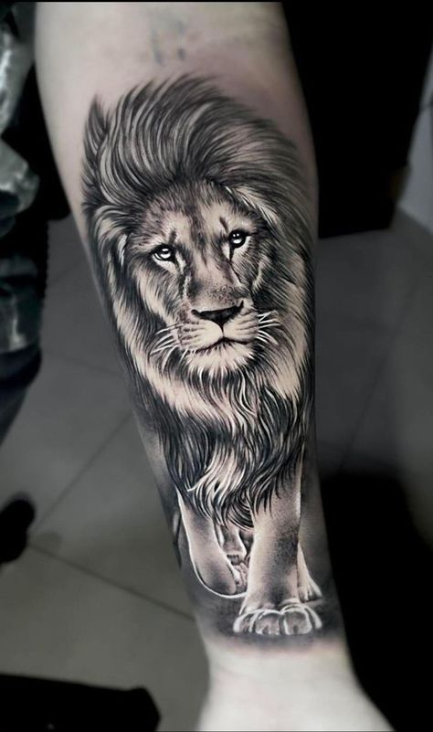 Discover the world of lion tattoos in our article. From deep symbolism and rich history to placement options and best designs. Lion Leg Tattoo, Lion Forearm Tattoos, Lion Art Tattoo, Lion King Tattoo, Shin Tattoo, Lion Tattoo Sleeves, Geometric Sleeve Tattoo, Lion Tattoos, Mens Lion Tattoo