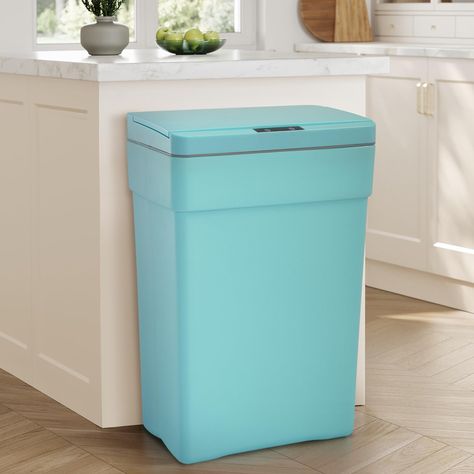 PRICES MAY VARY. 【13 Gallon Large Capacity】Our kitchen trash cans come in a large 50 liter 13 gallon capacity. Say goodbye to the hassle of emptying your trash frequently. This automatic trash can is perfect for high-traffic areas such as kitchens, bathrooms, bedrooms or home offices. 【Touchless Design】This Garbage can features advanced auto-sensing technology, so you can free your hands and the lid will open automatically with just one motion. The trash can also adopts deceleration technology, Aesthetic Kitchen Trash Can, Pretty Trash Can Kitchen, Kitchen Garbage Ideas, Trash Can Storage Kitchen, Kitchen Trash Can Ideas, Home Office Blue, Kitchen Garbage Can, Office Blue, Kitchen Trash Can