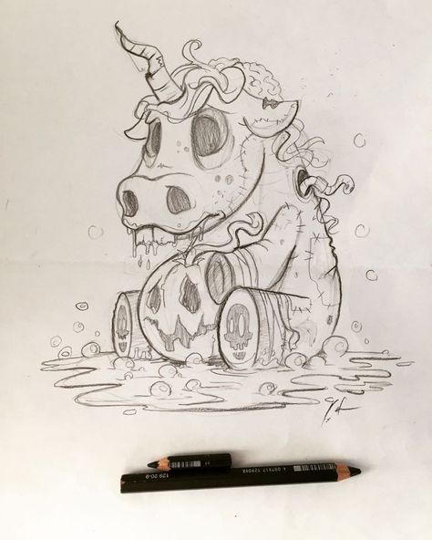 Viking Cartoon, Sticker Sketch, Zombie Drawings, Halloween Unicorn, Unicorn Drawing, Creepy Drawings, Arte Peculiar, Unicorn Halloween, Graffiti Characters