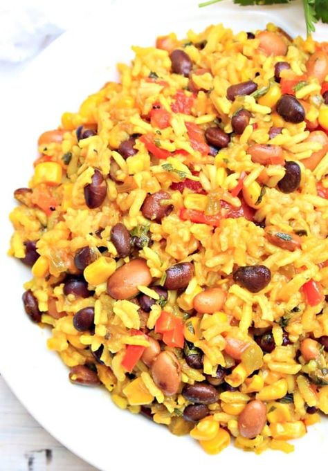 Yellow Rice and Beans with Vegetables - This Wife Cooks™ Yellow Rice With Vegetables, Yellow Rice And Beans, Yellow Rice With Peppers And Onions, Yellow Rice With Peas And Carrots, Mediterranean Yellow Rice, Yellow Rice Mediterranean, Canning Stewed Tomatoes, Yellow Rice Recipes, Mexican Rice Easy