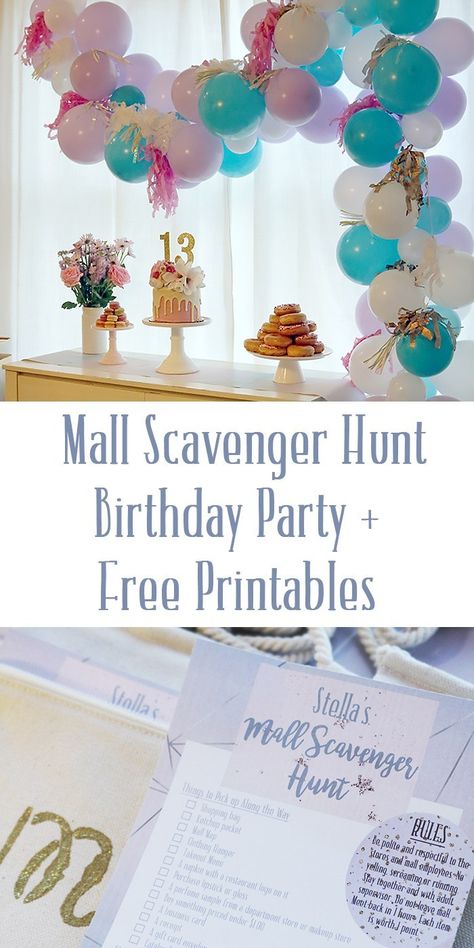 Mall Scavenger Hunt Birthday Party + Free Printable || Darling Darleen Mall Scavenger Hunt Birthday Party, Mall Birthday Party, Scavenger Hunt Birthday Party, 13th Birthday Party Ideas For Girls, Mall Scavenger Hunt, Scavenger Hunt Party, Teen Girl Birthday Party, Teenager Party, Scavenger Hunt Birthday